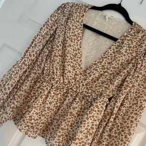 Blu Pepper Floral V-Neck Blouse - Cream and Brown